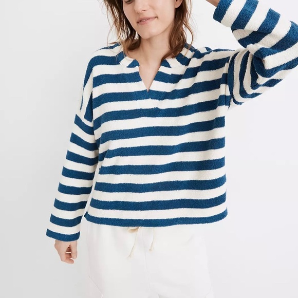 Madewell Striped Terrycloth Split Crewneck Pullover Sweater - Picture 2 of 9